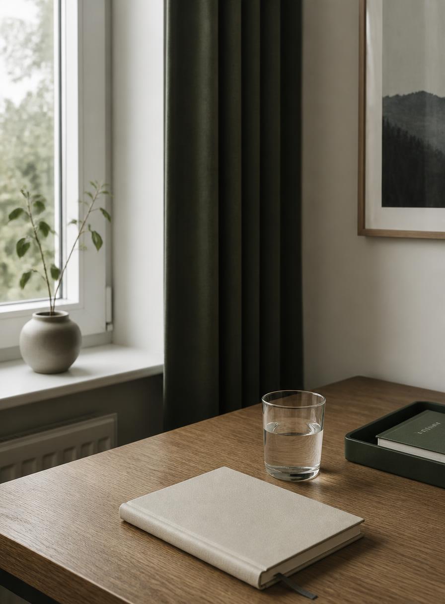 Rolig arbeidsplass ved et vindu med notatbok og glass vann i dagslys.